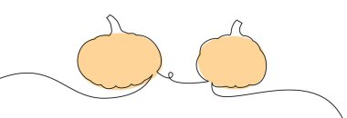 Minimalist tarzda kıvırcık bir sarmaşıkla birbirine bağlı iki turuncu balkabağının vektör çizimi.