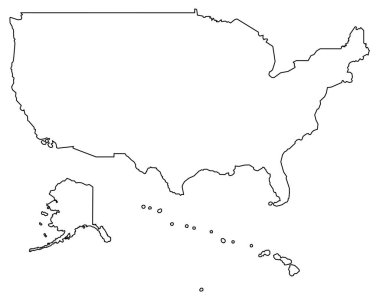 Amerika Birleşik Devletleri 'nin Alaska ve Hawaii' yi kapsayan basit siyah bir haritasının vektör çizimi.