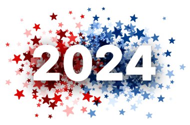 2024 kırmızı ve mavi yıldızlarla çevrili kalın beyaz harflerle, ABD başkanlık seçimlerini temsil ediyor. Seçimle ilgili materyaller için canlı bir tasarım.