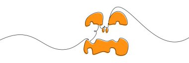 Abartılı gözleri ve turuncuyla işaretlenmiş dalgalı ağzı olan ürkütücü bir yüzün minimalist çizimi. Cadılar Bayramı veya soyut tasarımlar için vektör illüstrasyonu.