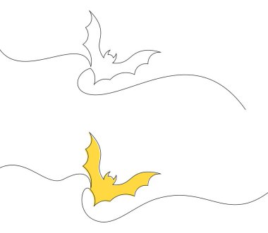 İki minimalist çizgi sanat yarasası, biri sarı ile dolu, basit bir soyut tarzda uçuyor. Cadılar Bayramı veya dekoratif sanat için vektör illüstrasyonu.