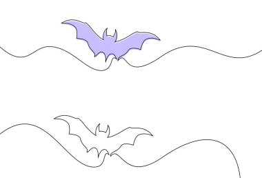 İki yarasa minimalist çizgi sanatı ile resmedilmiş, biri mor ile işaretlenmiş. Cadılar Bayramı veya soyut tasarımlar için vektör illüstrasyonu.