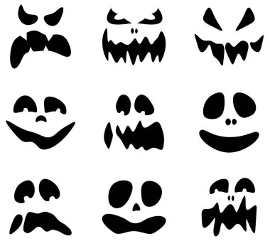 Collection of spooky pumpkin faces in black silhouette. Vector illustration perfect for Halloween decorations and crafts. clipart