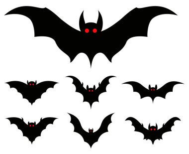 Çeşitli boyutlarda parlayan kırmızı gözlü uçan siyah yarasalar. Cadılar Bayramı tasarımları ve dekorasyonları için vektör illüstrasyonu.