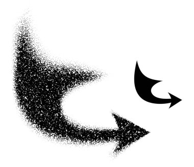 Parçalanmış noktalardan koyu siyah bir şekle dönüşen kıvrımlı bir sağ ok dinamik hareketi ve yönü sembolize ediyor. Vektör illüstrasyonu.