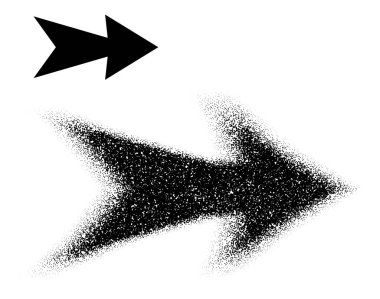 Katı bir şekilden dağınık noktalara dönüşen, hareketi ve yönü sembolize eden cesur bir sağ işaret oku. Vektör illüstrasyonu.