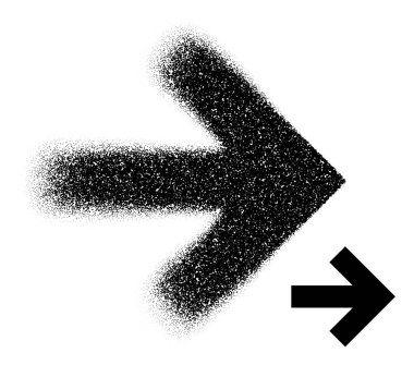 Hem dağınık nokta sanatında hem de yönü sembolize eden koyu siyah stillerde oluşturulmuş kalın bir sağ işaret oku. Vektör illüstrasyonu.