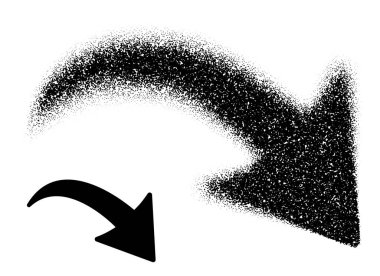 Aşağı doğru eğimli bir ok dağınık noktalardan koyu siyah bir şekle dönüşerek düşüşü ve yönü sembolize ediyor. Vektör illüstrasyonu.