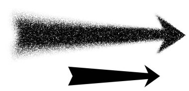 Dağınık nokta sanatında ve yön hareketini sembolize eden koyu siyah stillerde oluşturulmuş geniş bir sağ işaret oku. Vektör illüstrasyonu.