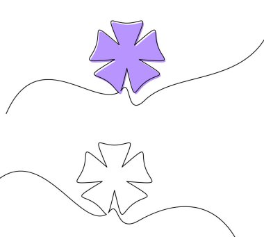 Akan, kıvrımlı çizgileri olan mor ve beyaz bir çiçek şeklindeki minimalist vektör çizimi. Modern ve soyut tasarım.