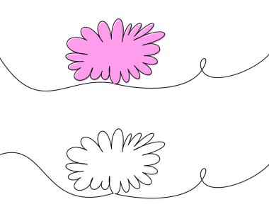 Pembe ve beyaz çiçeklerin sürekli akan siyah bir çizgiyle birbirine bağlanmış soyut çizimi. Modern dekoratif projeler için minimal, yaratıcı bir tasarım..