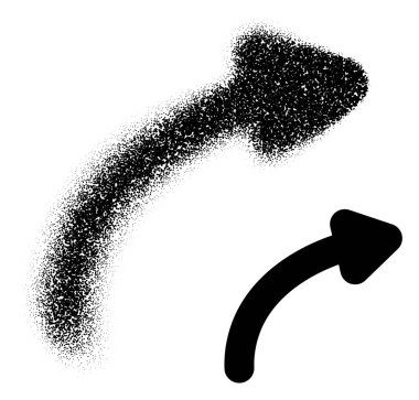 Eğimli ok noktadan katı hale geçiyor, hareketi ve yönü sembolize ediyor. Siyah beyaz vektör illüstrasyonu.