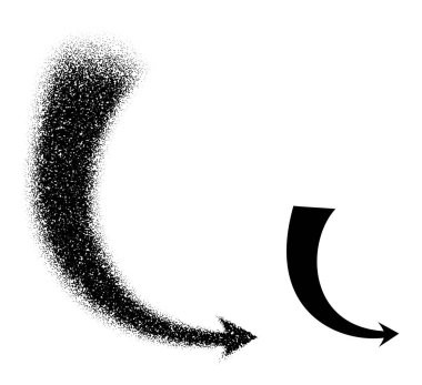 Aşağı doğru eğimli bir ok dağınık noktalardan aşağı doğru hareket ve yönü temsil eden koyu siyah bir şekle dönüşüyor. Vektör illüstrasyonu.