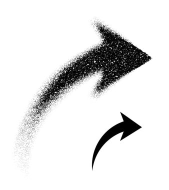 Dağılmış noktalardan yukarı doğru hareket ve büyümeyi sembolize eden koyu siyah bir şekle dönüşen kavisli bir ok. Vektör illüstrasyonu.