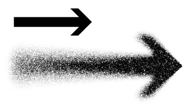 Sabit siyah bir stili, hareket ve yönü sembolize ederek dağınık noktalarda kaybolan bir sağ işaret oku. Vektör illüstrasyonu.