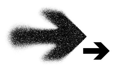 Dağınık nokta sanatı ve yönsel hareketi temsil eden koyu siyah şekillerde oluşturulmuş büyük bir sağ işaret oku. Vektör illüstrasyonu.