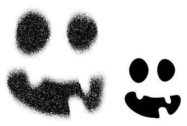 A quirky skull face with uneven eyes and a jagged mouth, created in both dot art and solid styles. Vector illustration. clipart