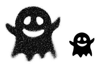 Dost canlısı bir hayalet dağınık siyah noktalardan yapılmış, gülen yüzlü ve kollarını kaldırmış. Vektör illüstrasyonu.