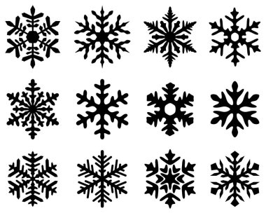 Kış ve festival tasarım projeleri için ideal 12 eşsiz siyah kar tanesi simgesinden oluşan bir vektör çizimi..