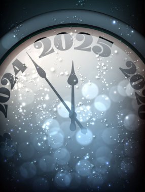 Vector illustration of a clock nearing midnight for 2025, surrounded by glowing sparkles and a cool blue ambiance. clipart