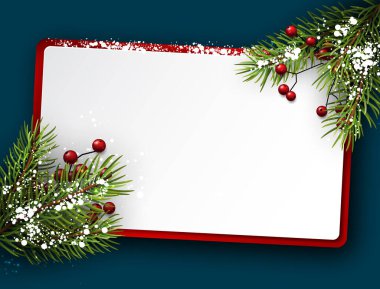 Kutlama arka planında çam dalları, kırmızı böğürtlenler ve kar aksanıyla sınırlandırılmış boş bir tatil kartının vektör çizimi.