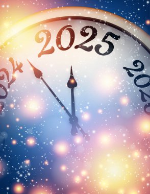 2025 için geceyarısını vuran renkli ışıklar, ışıltılar ve canlı bir arkaplan ile çevrili neşeli saatin vektör çizimi.