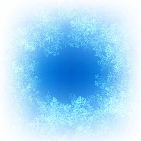 Vector illustration of a circular snowflake wreath design on a soft blue gradient background with a glowing center.