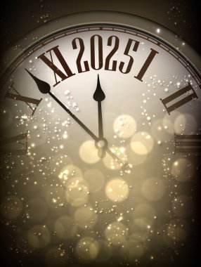 2025 'in gece yarısını vuran klasik bir saatin vektör çizimi, parıldayan bokeh ve altın ışıklarla aydınlatılıyor..