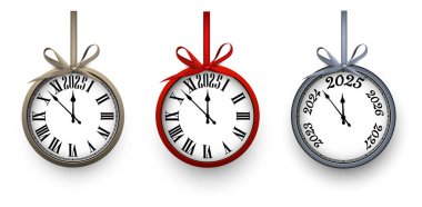 Set of elegant clocks adorned with bows, counting down to 2025. Perfect for holiday-themed designs, New Year decor, and celebrations. clipart