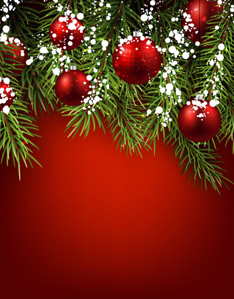Vector illustration of festive red Christmas baubles and pine branches decorated with snow, set against a bold red background.