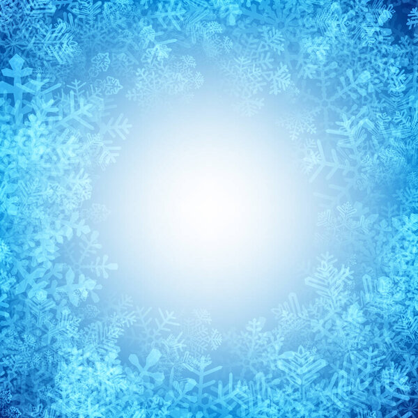 Vector illustration of a winter-themed design featuring intricate blue snowflakes forming a frame around a glowing center.