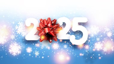2025 'in şen vektör illüstrasyonunda koyu kırmızı bir yay, parlak kar taneleri ve dingin mavi bir arka plan yer almaktadır..