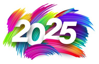 2025 kalın tipografi yaratıcı ve canlı bir tasarım için dinamik çok renkli fırça darbelerini örtüyor. Vektör illüstrasyonu.