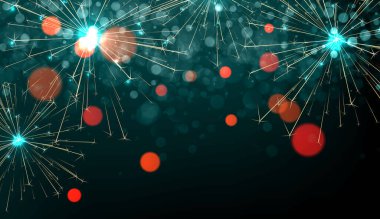 Canlı, ışıl ışıl havai fişeklerin ve karanlık bir şenlik arka planında parlayan Bokeh ışıklarının yer aldığı zarif bir vektör çizimi..