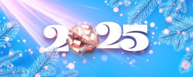 Frosty mavi dalları, parlak kurdele yay ve parlak mavi arka plan üzerinde parlak pembe röfleler ile büyüleyici 2025 tasarım. Kış kutlamaları ve yeni yıl temaları için mükemmel..