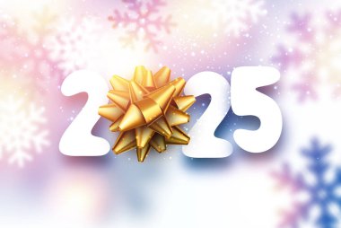 2025 'in şenlikli tasviri altın bir fiyonk, ışıldayan kar taneleri ve yumuşak bir pastel arka planla süslenmiş.