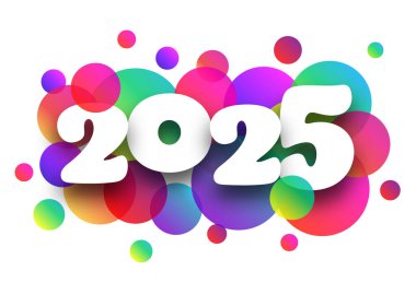 2025 rakamlarının vektör illüstrasyonları üst üste binen renkli çemberlerle çevrili, modern ve oyuncu bir görünüm yaratıyor..