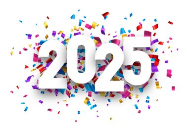 2025 'in renkli, dinamik, beyaz arka planda konfetisi olan, kutlama için mükemmel bir tasviri..