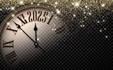 2025 'i gösteren, altın parıltı ve parıldayan yıldızlarla çevrili zarif bir saat. Yılbaşı kutlamaları için ebedi ve şenlikli bir tasarım..
