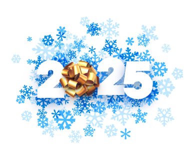 2025 Yeni Yıl Şenliği tasarımı. Altın yay ve canlı mavi kar taneleriyle kalın bir tipografi içeriyor. Vektör illüstrasyonu.