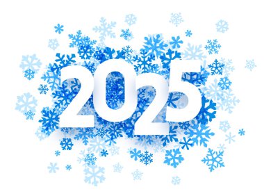 Zarif 2025 Yeni Yıl tasarımı, canlı mavi kar taneleriyle çevrili koyu beyaz tipografi içeriyor. Vektör illüstrasyonu.