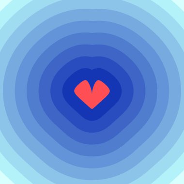 Yatıştırıcı mavi konsantrasyon katmanlarıyla çevrili canlı kırmızı merkezli soyut kalp tasarımı. Vektör illüstrasyonu.