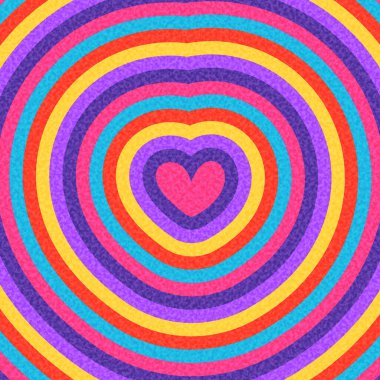 Renkli gökkuşağı eşmerkezli halkaları olan canlı bir kalp çizimi. Neşeli ve eğlenceli tasarımlar için mükemmel. Vektör illüstrasyonu.