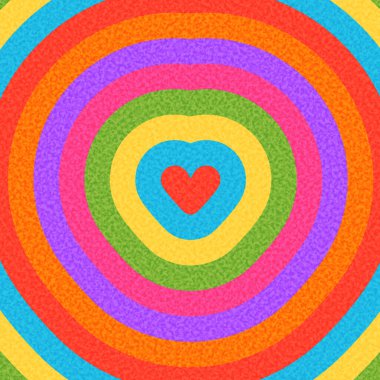 Dokulu gökkuşağı yoğunlaştırılmış katmanlı canlı kalp çizimi. Neşeli ve şenlikli tasarımlar için ideal. Vektör illüstrasyonu.