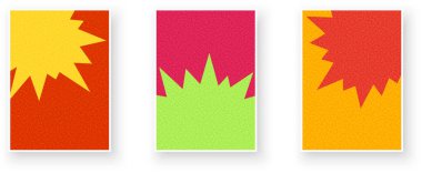 Sarı, kırmızı, pembe ve yeşil desenli üç çarpıcı yıldız patlaması deseni var. Vektör illüstrasyonu.