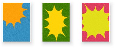 Turuncu, sarı, yeşil, pembe ve mavi renkli, canlı desenli üç kalın yıldız patlaması tasarımı. Vektör illüstrasyonu.