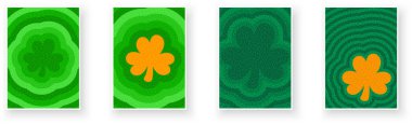 Cesur yeşil ve turuncu dalgalı arka planlara sahip yonca ve yoncaların yer aldığı, şansı ve İrlanda mirasını sembolize eden şenlikli bir vektör çizimi..