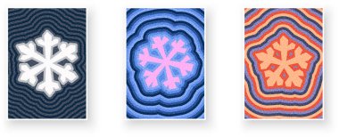 Canlı katmanlı desenler üzerinde stilize kar taneleri. Kış, tatil veya soyut mevsimsel temalar için vektör illüstrasyon.