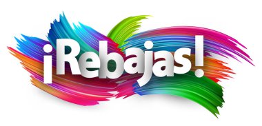 Canlı bir fırça darbesi arkaplan üzerinde koyu beyaz metinlerle İspanyolca satılık kelimesinin yer aldığı vektör illüstrasyonu. İspanyolca alışveriş tanıtımı.