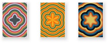 Renkli eş merkezli dalgalı çiçek ve yıldız patlaması şekilleri içeren üç soyut tasarım. Vektör illüstrasyonu.